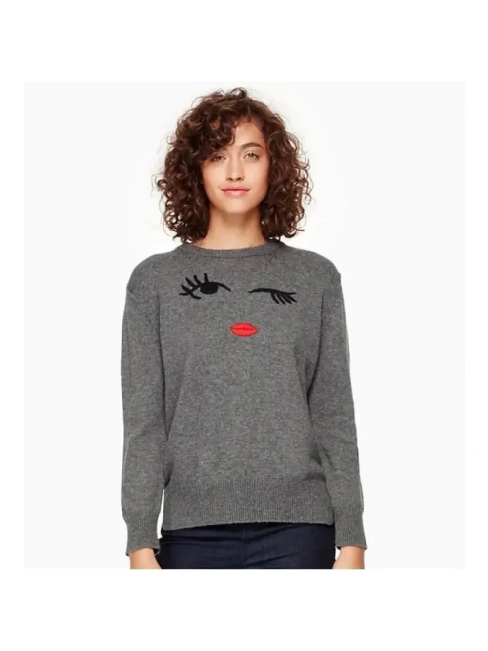 Kate Spade Broome Street Size M Gray Winking Face Wool Blend Crew Neck Sweater